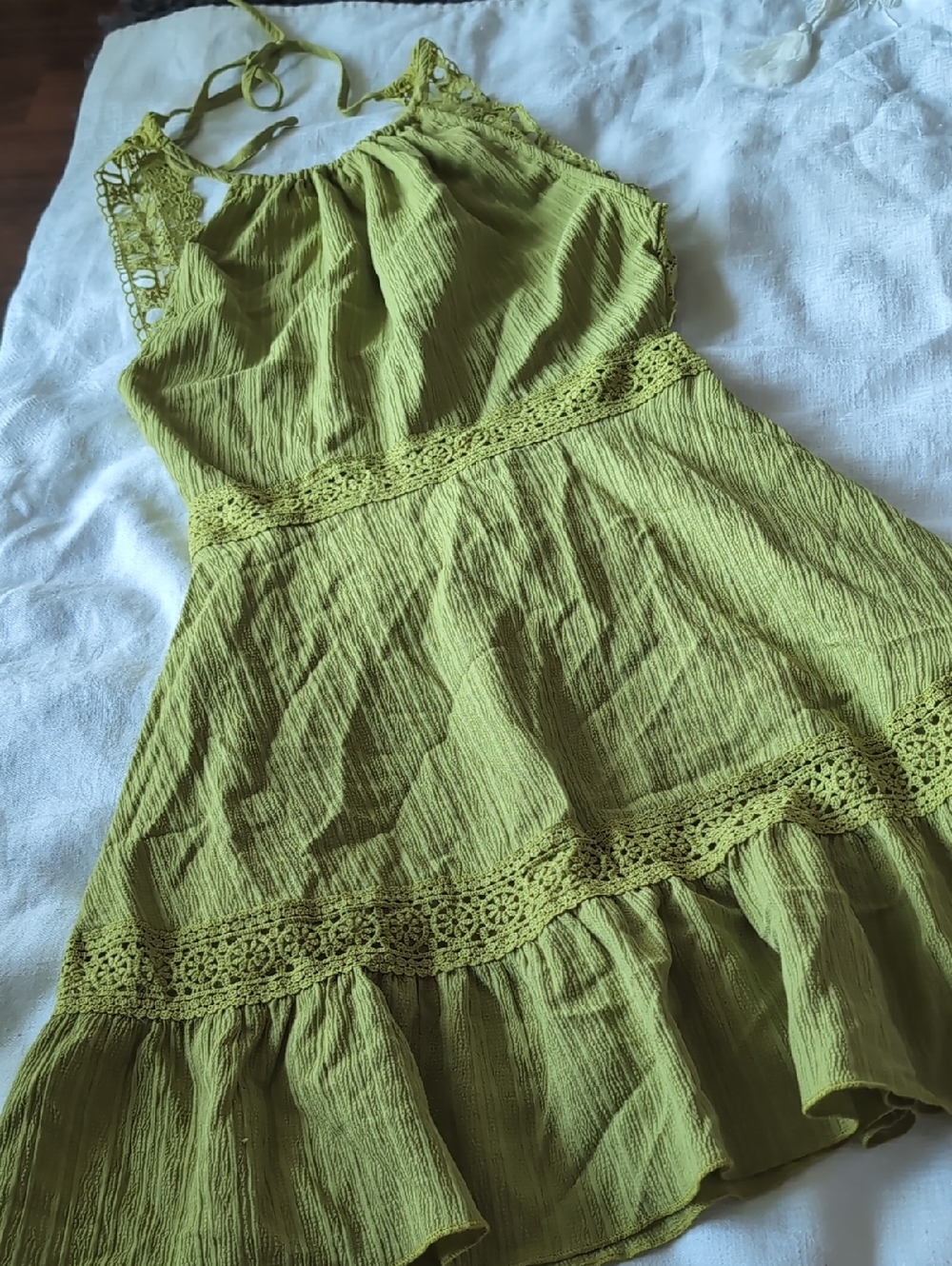womans' Halter Lace-Trim Summer Dress in Olive Green